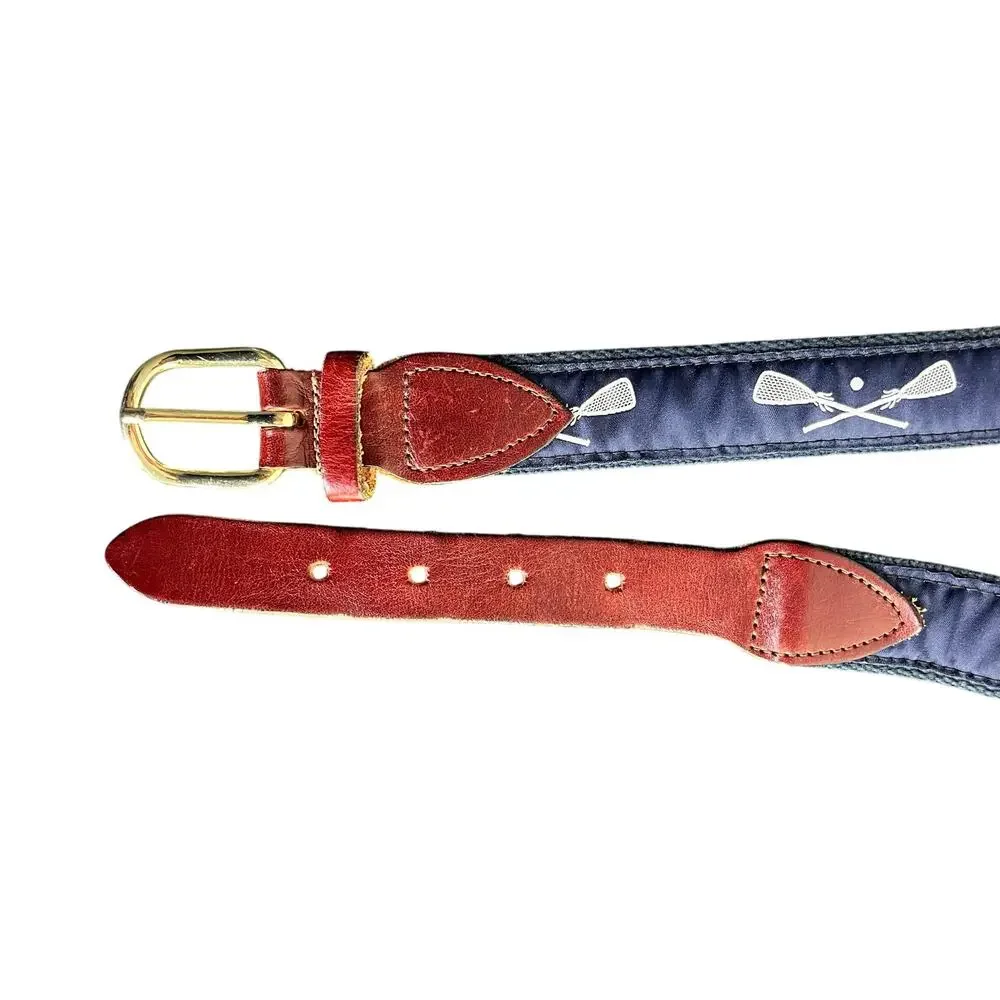 Boys Belt Lacrosse Sticks‎ Brass Buckle 32 Navy Blue Adjustable Leather trim
